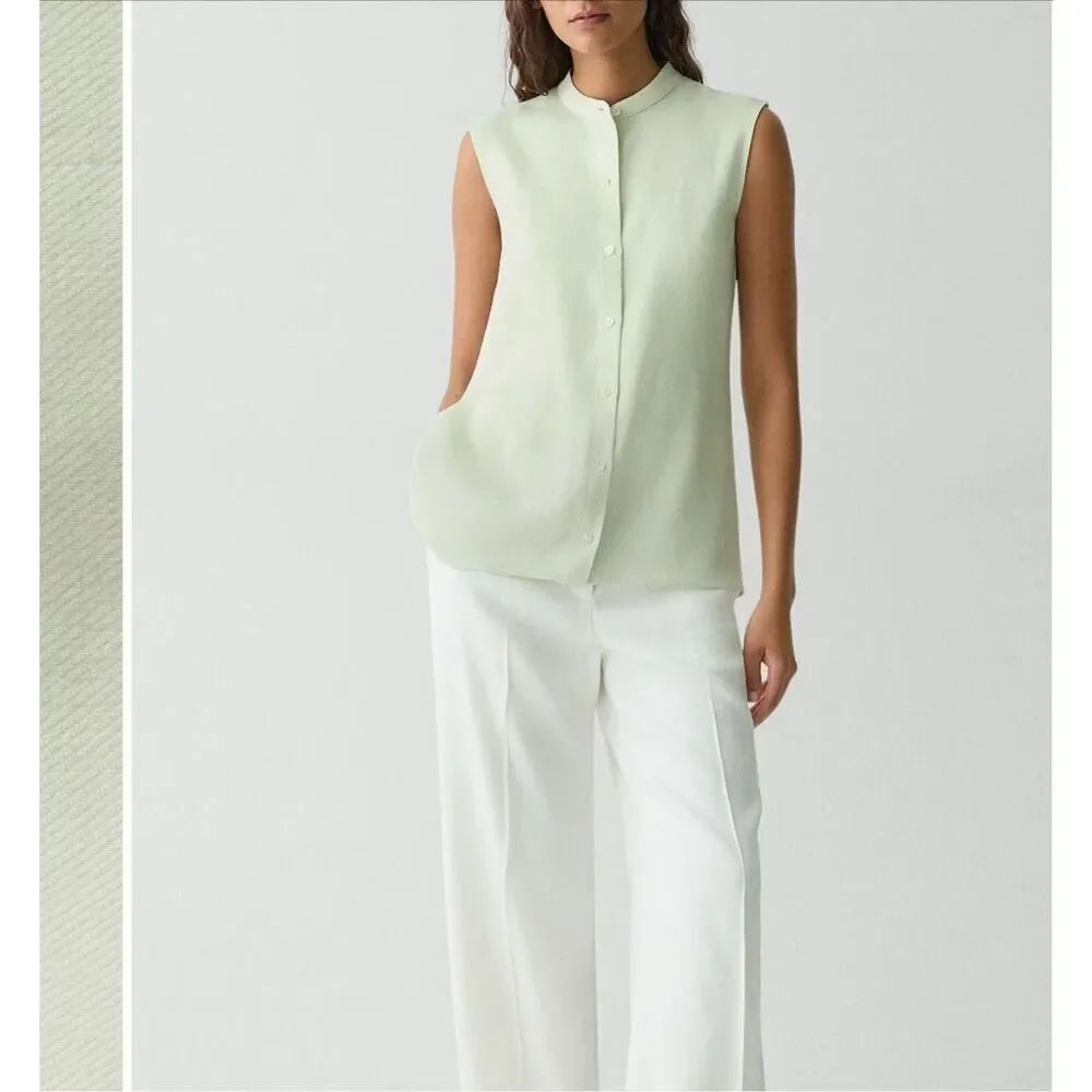 Theory Asymmetric Drape linen blend sleeveless top blouse in aloe size M NWT - Picture 2 of 11